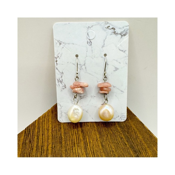 Large genuine baroque pearl and rose quartz chip sterling silver dangle earrings - Picture 10 of 10